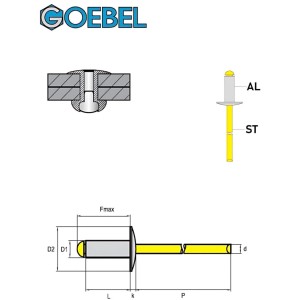 GOEBEL Großkopfniete 4,8x16 mm, Aluminium/Stahl, Blindniete für Zangen, Schemazeichnung.