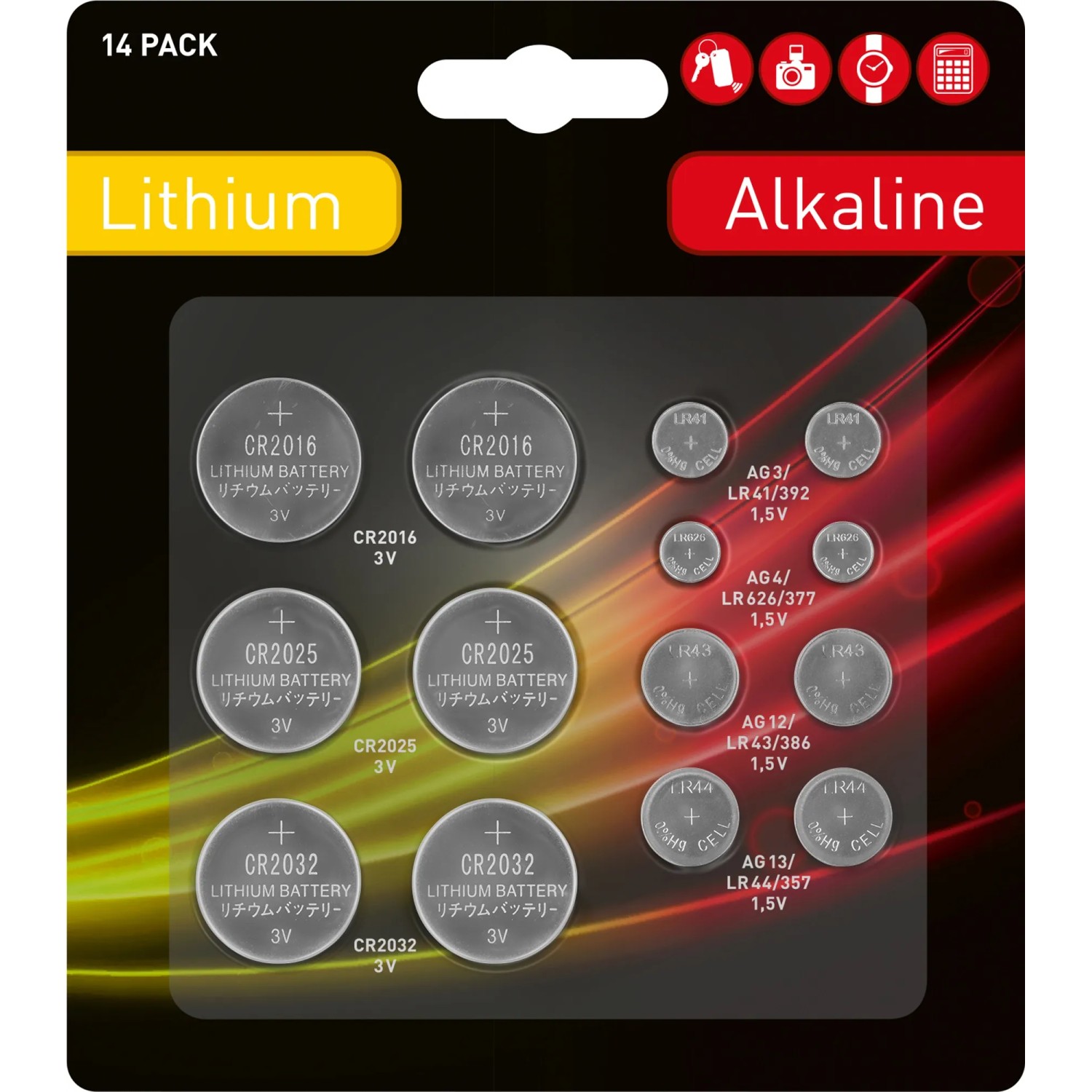 Knopfzellen-Set, 14-teilig mit Lithium- und Alkaline-Batterien verschiedener Typen.
