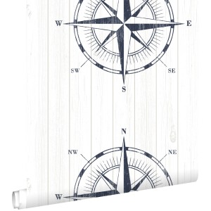 ESTAhome Tapete Kompassrose auf Altholz Dunkelblau und Weiß 53 cm x 10.05 m
