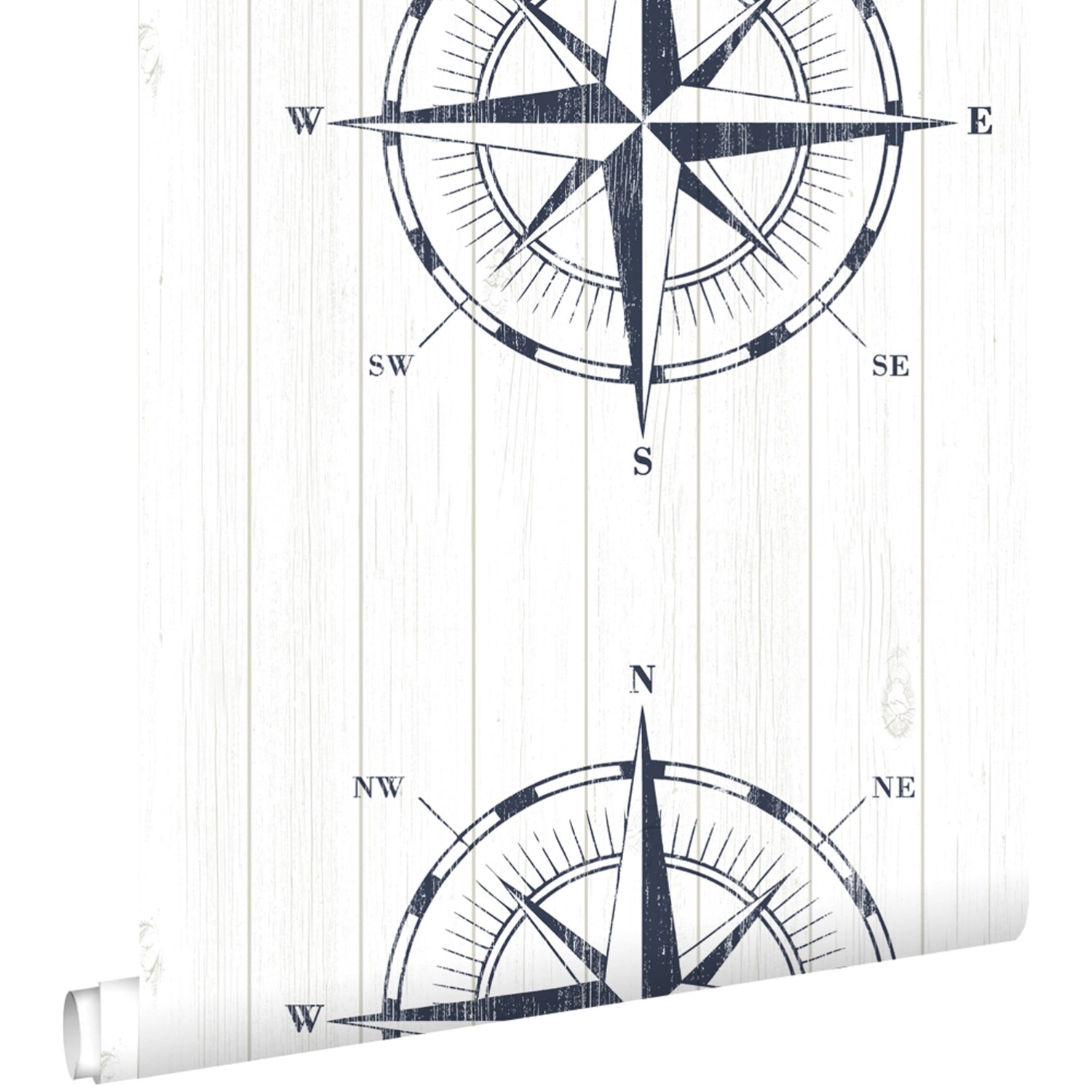 ESTAhome Tapete Kompassrose auf Altholz Dunkelblau und Weiß 53 cm x 10.05 m günstig online kaufen