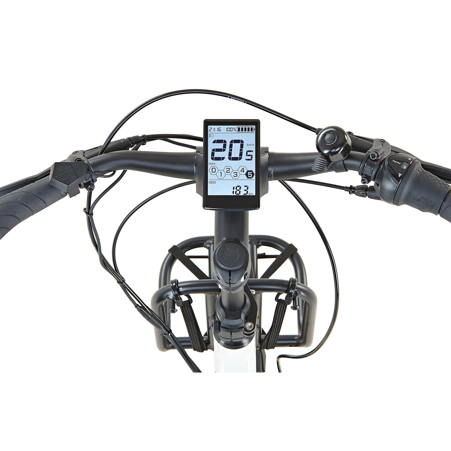 Detailaufnahme: Lenker mit Display und Frontgepäckträger des Prophete Urbanicer 3.0 E-Bikes.