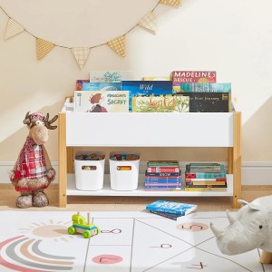 Weißes SoBuy Kinder Bücherregal mit Ablagen und Spielzeug auf einem Kinderzimmerteppich.