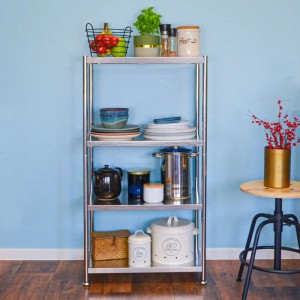 Edelstahl Schwerlastregal mit 4 Ebenen, belastbar bis 60kg, ideal für Küche, Balkon und Garten.