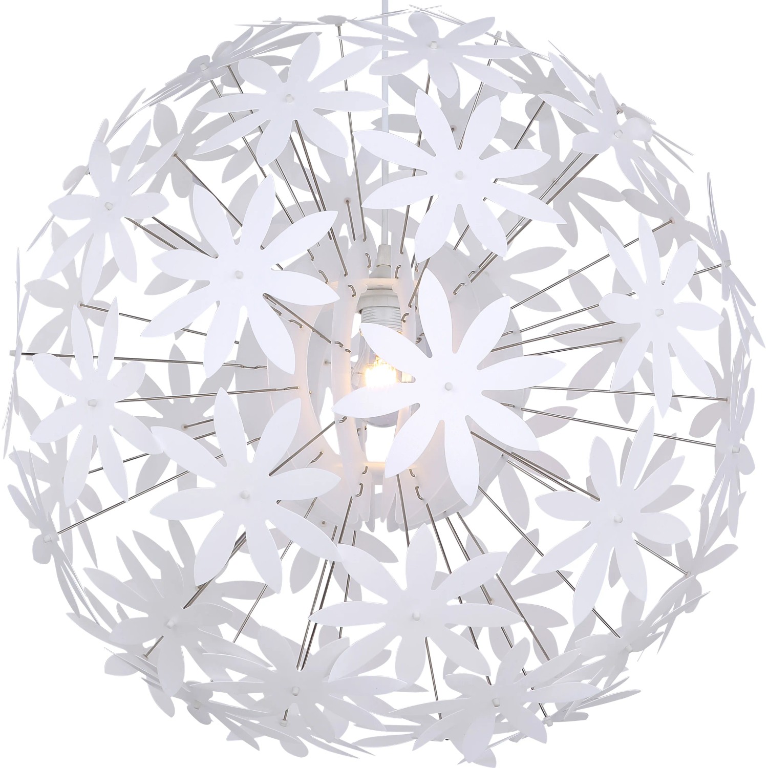 Weiße Globo Pendelleuchte Stella, kugelförmig aus Kunststoffblüten, Ø 60 cm.