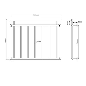 Technische Zeichnung: ECD Germany Französischer Balkon, 100x90cm, 7 Füllstäbe, glänzend, Maße