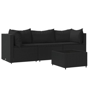 Schwarzes 4-tlg. Garten Lounge Set aus Rattan mit Kissen und Tisch.
