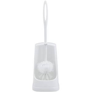 Weiße WC-Garnitur mit Randreiniger im Halter. WC-Bürste aus Kunststoff.