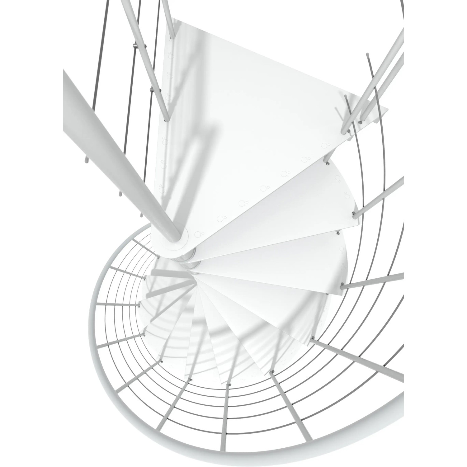 Weiße Minka Spindeltreppe Milano, spiralförmig von oben, Durchmesser 120 cm.