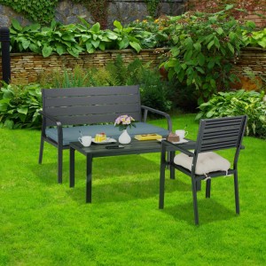 Relaxdays Gartenbank PE-Kunststoff Stahl Schwarz Anthrazit mit Sitzauflage für 2 Personen 78 cm x 118 cm x 66 cm 13,1 kg