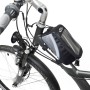 Tectake Fahrradtasche am Fahrradrahmen mit Touchdisplay-Fach in Schwarz, Grau und Blau.
