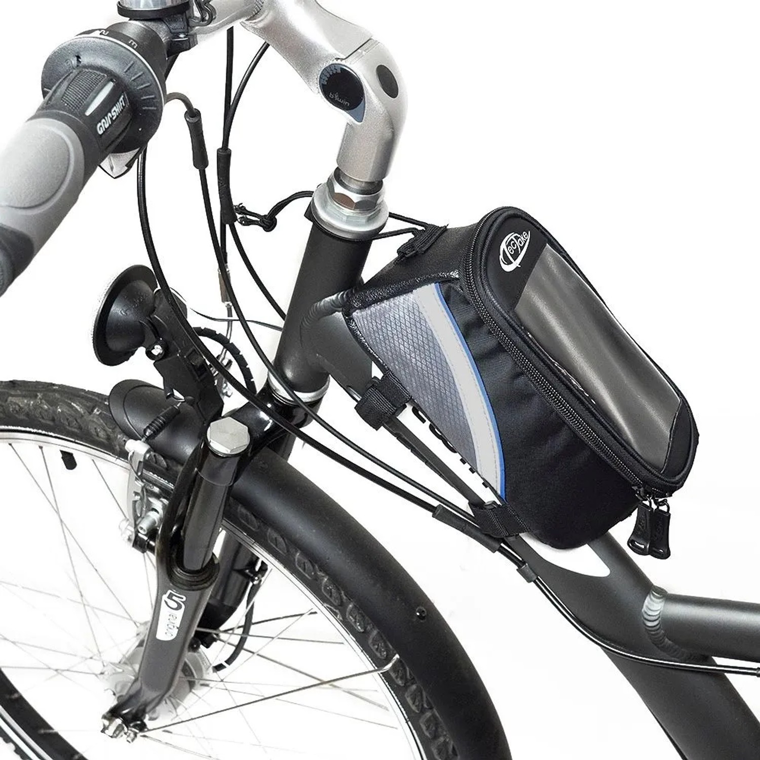 Tectake Fahrradtasche am Fahrradrahmen mit Touchdisplay-Fach in Schwarz, Grau und Blau.