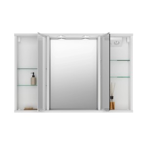 Weißer Jokey Spiegelschrank Kari 90 cm mit LED-Beleuchtung und Glasablagen, teilweise geöffnet.