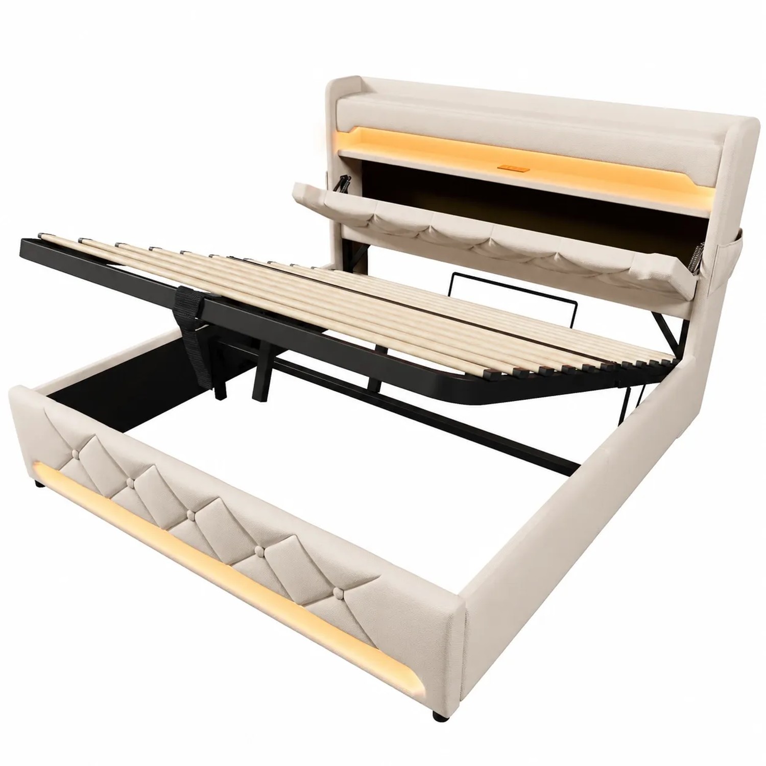 okwish Polsterbett 140x190cm mit LED USB Kopfteil Beige ohne Matratze