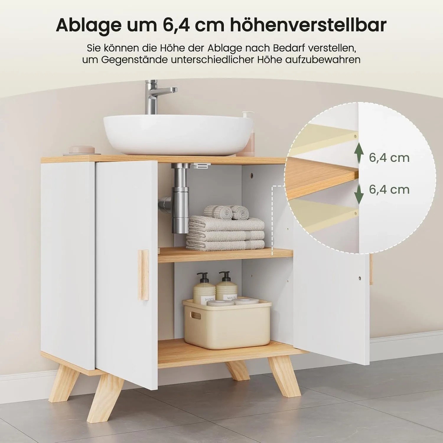 Weißer Waschbeckenunterschrank mit Holzplatte und offenen Türen, zeigt verstellbare Regale für Badutensilien.