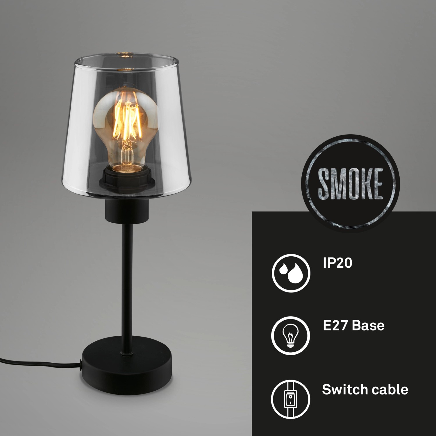 Brilo Tischleuchte Fumi mit Rauchglas, E27 Fassung, Kabelschalter, 14x35,5 cm.