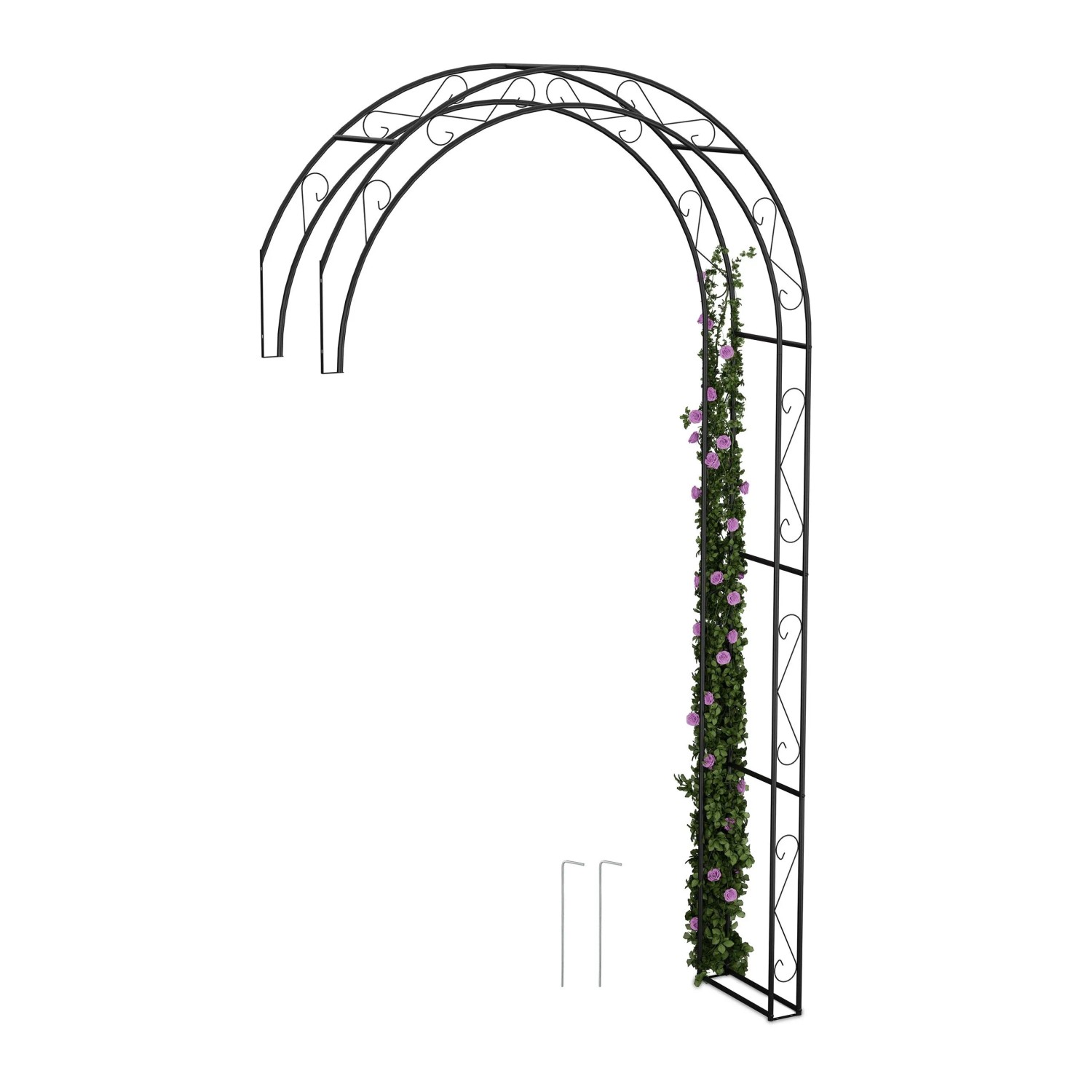 Relaxdays Rosenbogen Metall Schwarz mit Erdankern 245 cm x 130 cm x 36 cm