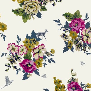 Joules Vliestapete Floral Crème: Blumenmuster mit Bienen und Waldtieren auf hellem Grund.