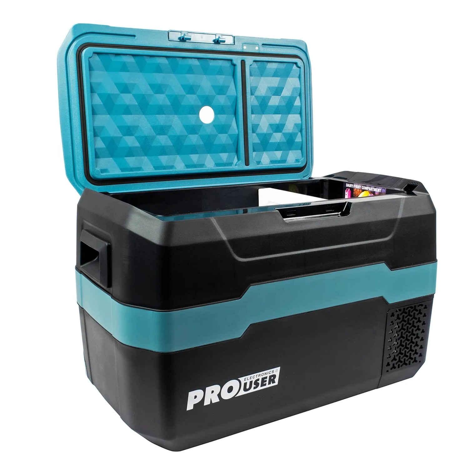 Pro User Kühlbox CB35 mit geöffnetem Deckel, schwarz und türkis. Ideal für Camping und unterwegs.