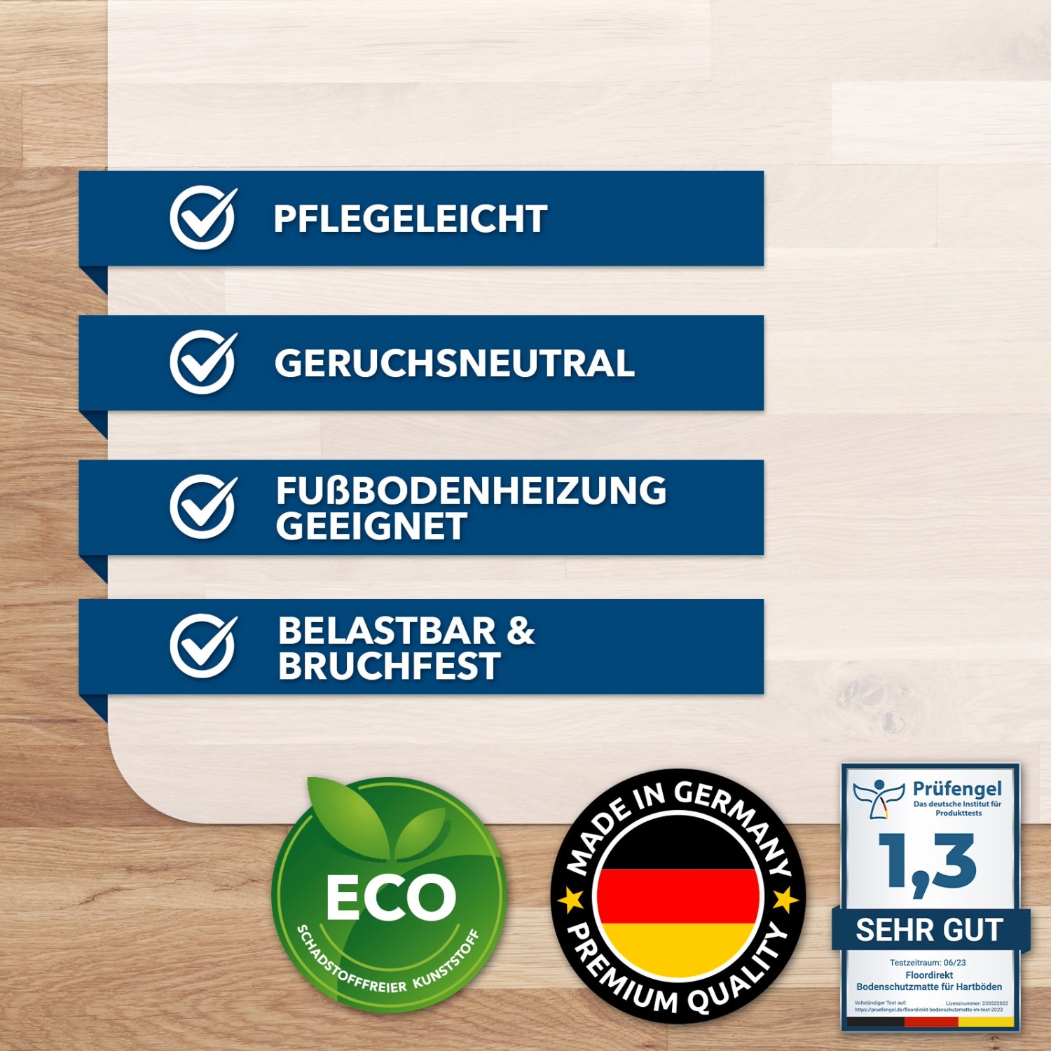 Karat Bodenschutzmatte für Hartböden: Halbtransparent, pflegeleicht, geruchsneutral und für Fußbodenheizung geeignet.