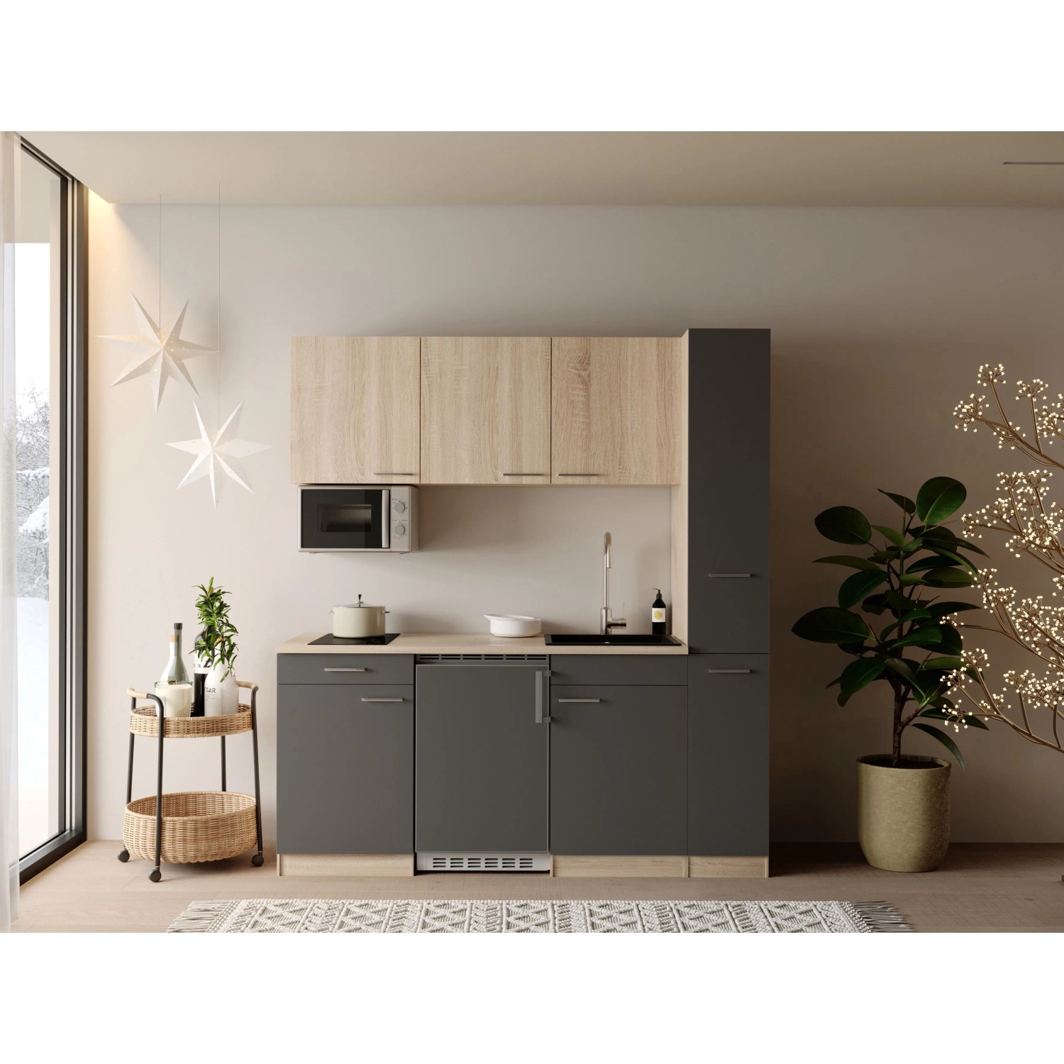 Respekta Ingrid Singleküche 180 cm Grau inkl. Mikrowelle mit Apothekenschrank
