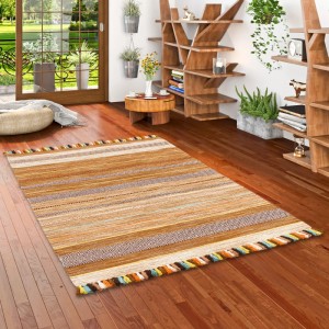 Beiger Natur Teppich Kelim Kalleen von Pergamon, 170x240cm, mit Streifenmuster und bunten Fransen.