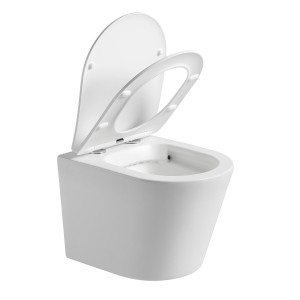 Verosan Wand-WC Nakia, spülrandlos, weiß matt mit WC-Sitz, Deckel geöffnet.