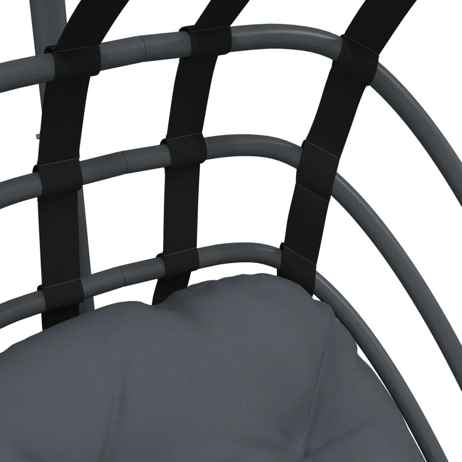 Detailaufnahme Hängesessel Ei-Design, anthrazitfarben mit Stahlgestell und Sitzkissen.