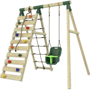 Rebo Klettergerüst Schneehase mit Babyschaukel und Kletterwand in Dunkelgrün.