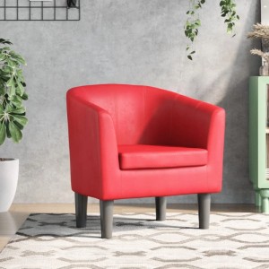 Roter Clubsessel aus Kunstleder mit runden Armlehnen und dunklen Beinen auf Teppich. Moderner Loungesessel.