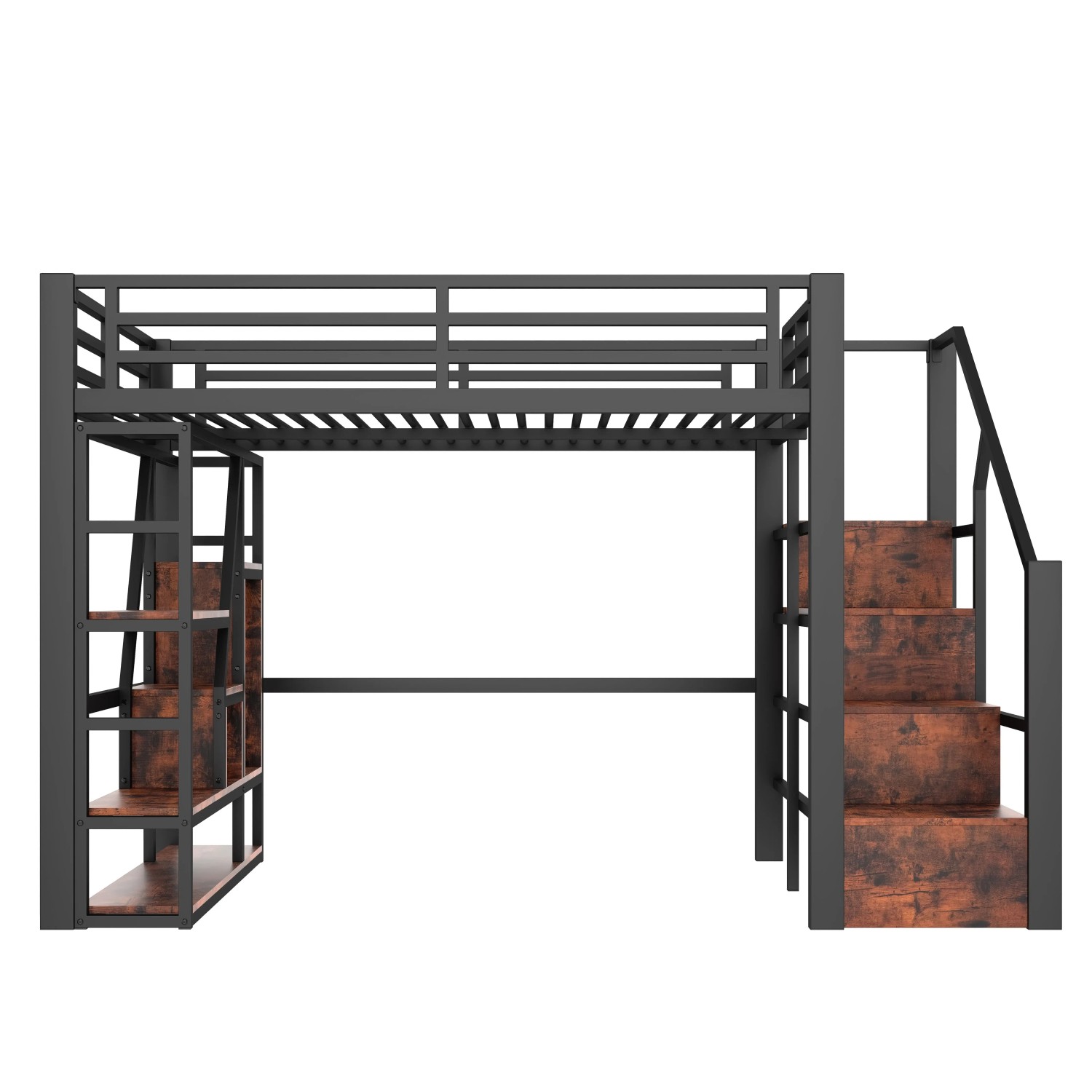 okwish Metall Hochbett 140x200cm mit LED und Stauraum Schwarz ohne Matratze