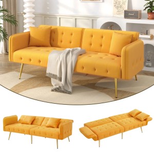 Gelbes Velours Schlafsofa 2-Sitzer mit verstellbaren Armlehnen und goldenen Metallfüßen, als Sofa und Bett dargestellt.