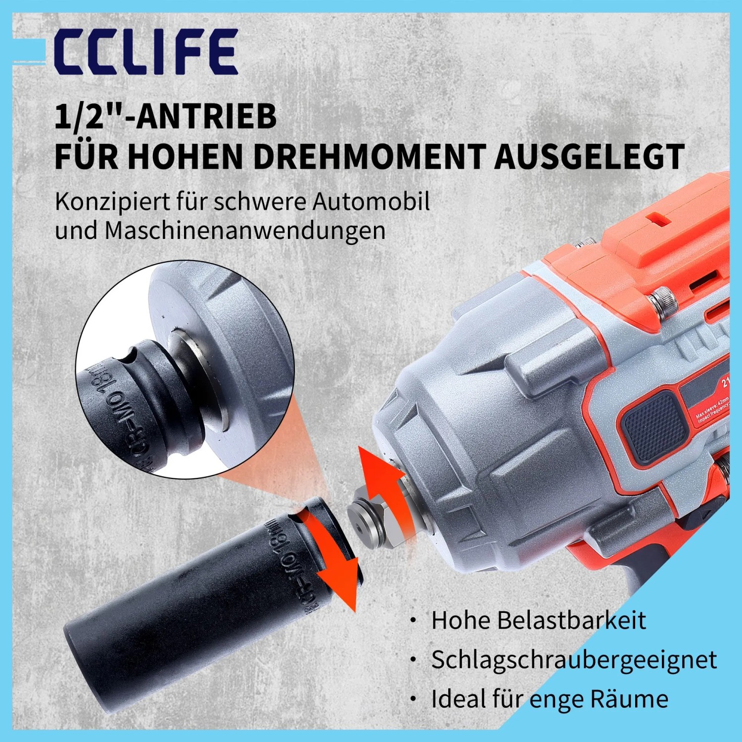Schlagschrauber mit 1/2 Zoll Nuss für hohe Drehmomente. Cr-Mo Stecknuss wird an Impact-Schrauber befestigt. Robustes Werkzeug.