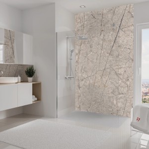 Schulte Duschrückwand DecoDesign Softtouch Marmor-Greige, 255x150 cm im Badezimmer.
