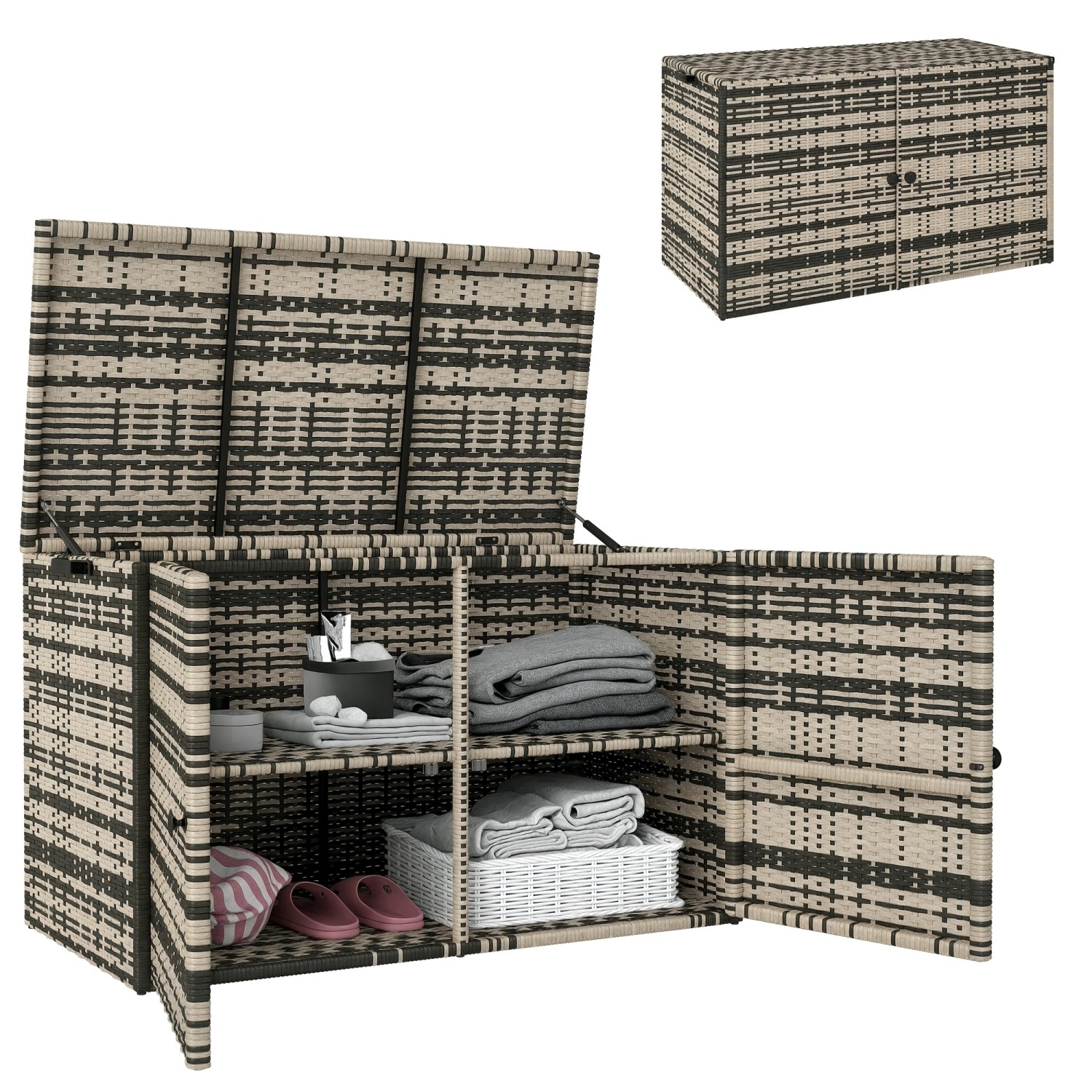 Outsunny Rattan-Auflagenbox 2-Ebenne PE-Rattan 118L x 57B x 69H cm Mischgrau