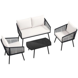 Costway Rattan Gartenmöbel Set mit Kissen und Tisch aus Glas für Balkon und Terrasse.