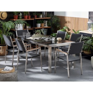 Beliani Gartentisch Set GROSSETO, schwarz-silber, mit Tisch und 6 Rattanstühlen.