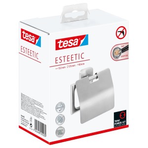 Verpackung des Tesa Esteetic Toilettenpapierhalters mit Deckel in Edelstahloptik.