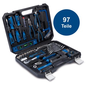 Geöffneter Scheppach Werkzeugkoffer Mobile Werkstatt WZK120, 97-teilig mit Werkzeug.