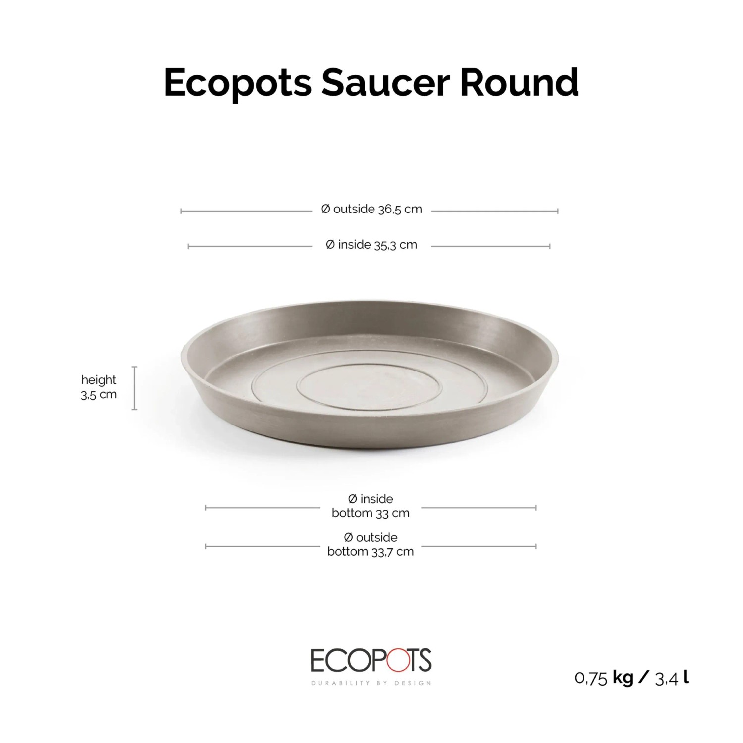 Ecopots Untersetzer, braungrau, Ø 40 cm. Rund, aus robustem Material für Innen- und Außenbereich.