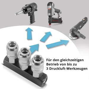 STAHLWERK 3-fach Druckluft-Verteiler aus Aluminium/Messing mit 3 Schnellkupplungen für 3 Druckluft-Werkzeuge bis 35 bar.