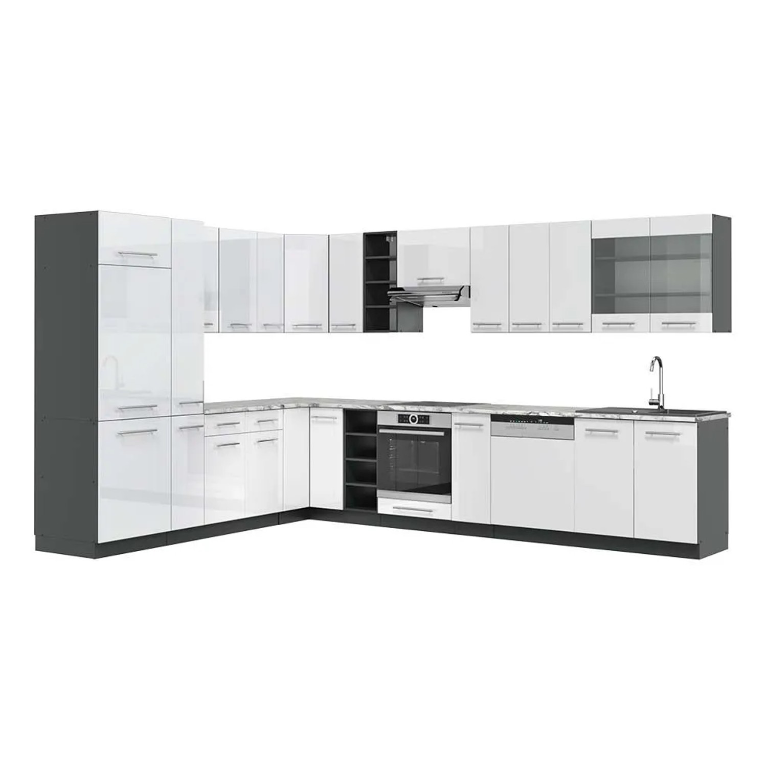 Vicco Eckküche Fame-Line Weiß Hochglanz/Anthrazit 347 x 82, AP Marmor