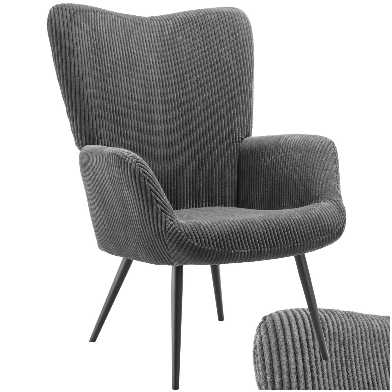 Tectake Sessel Hygge Gepolstert Armlehnen und Ergonomische Rückenlehne  76 x 72 x 100 50 cm Breitcord Anthrazit Schwarz