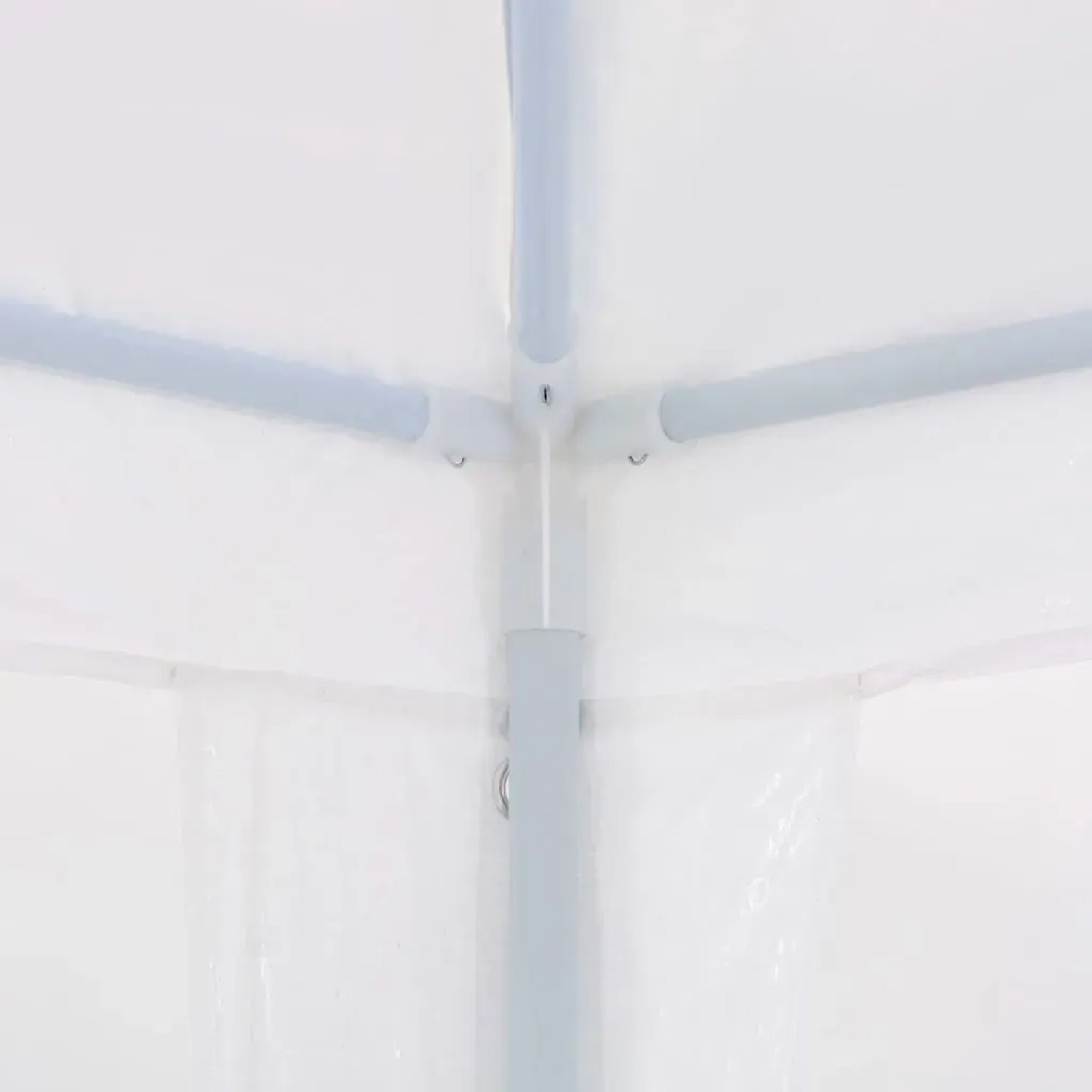 Detailaufnahme des weißen Partyzelts (3x9 m) von vidaXL, zeigt Stahlrahmen und PE-Dach.