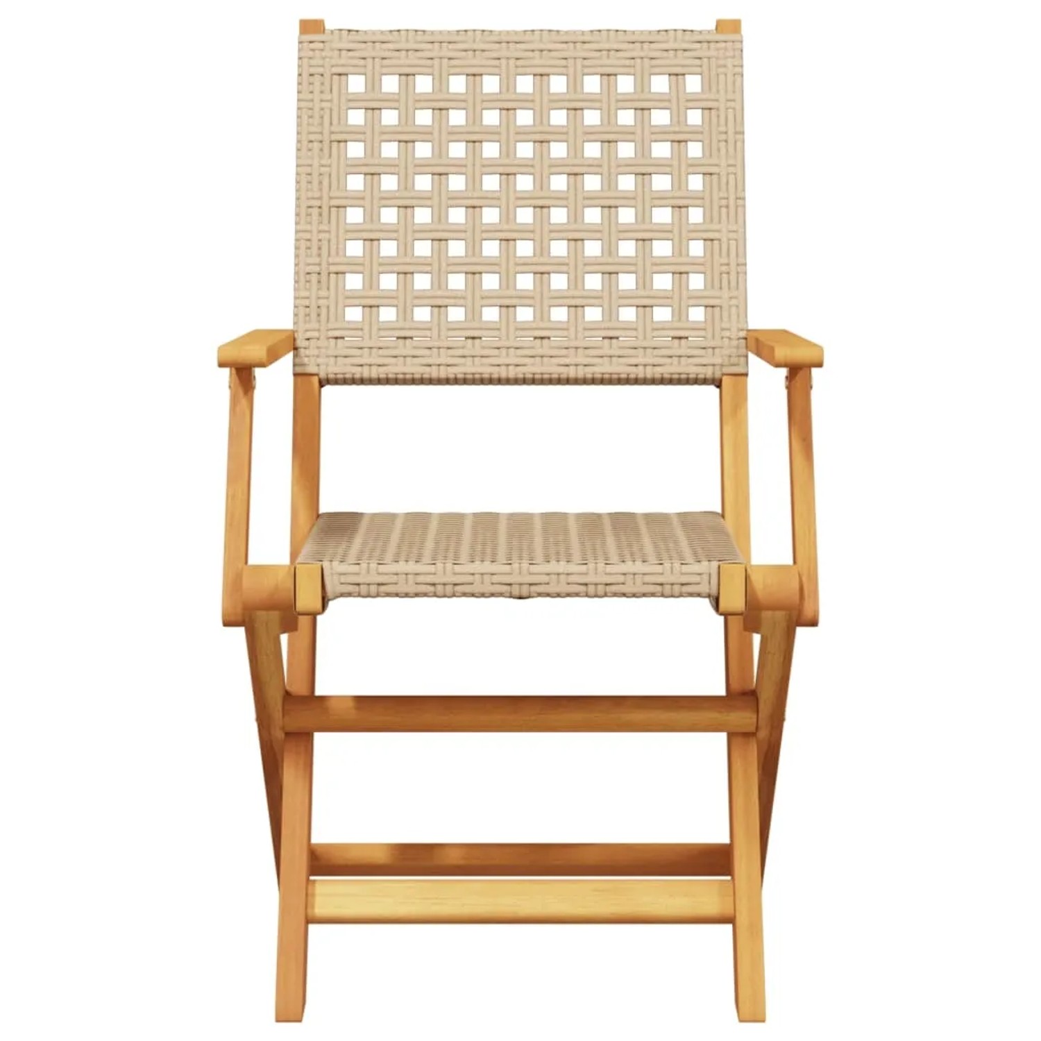 Beiger Gartenstuhl aus Akazienholz und Poly Rattan, Teil der 5-tlg. Essgruppe.