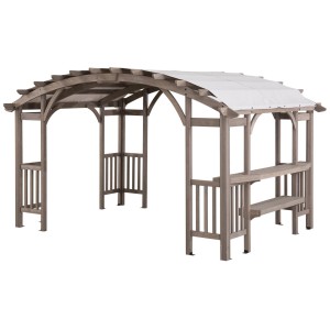 Sunjoy Pergola Dajti aus Zedernholz, 427x305 cm, grau, mit Regal und hellgrauem Dach.