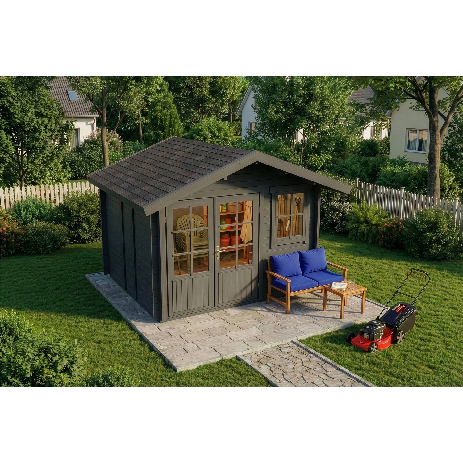 Graues Alpholz Gartenhaus Palermo 331x331cm mit Doppeltür und Fenster im Garten.