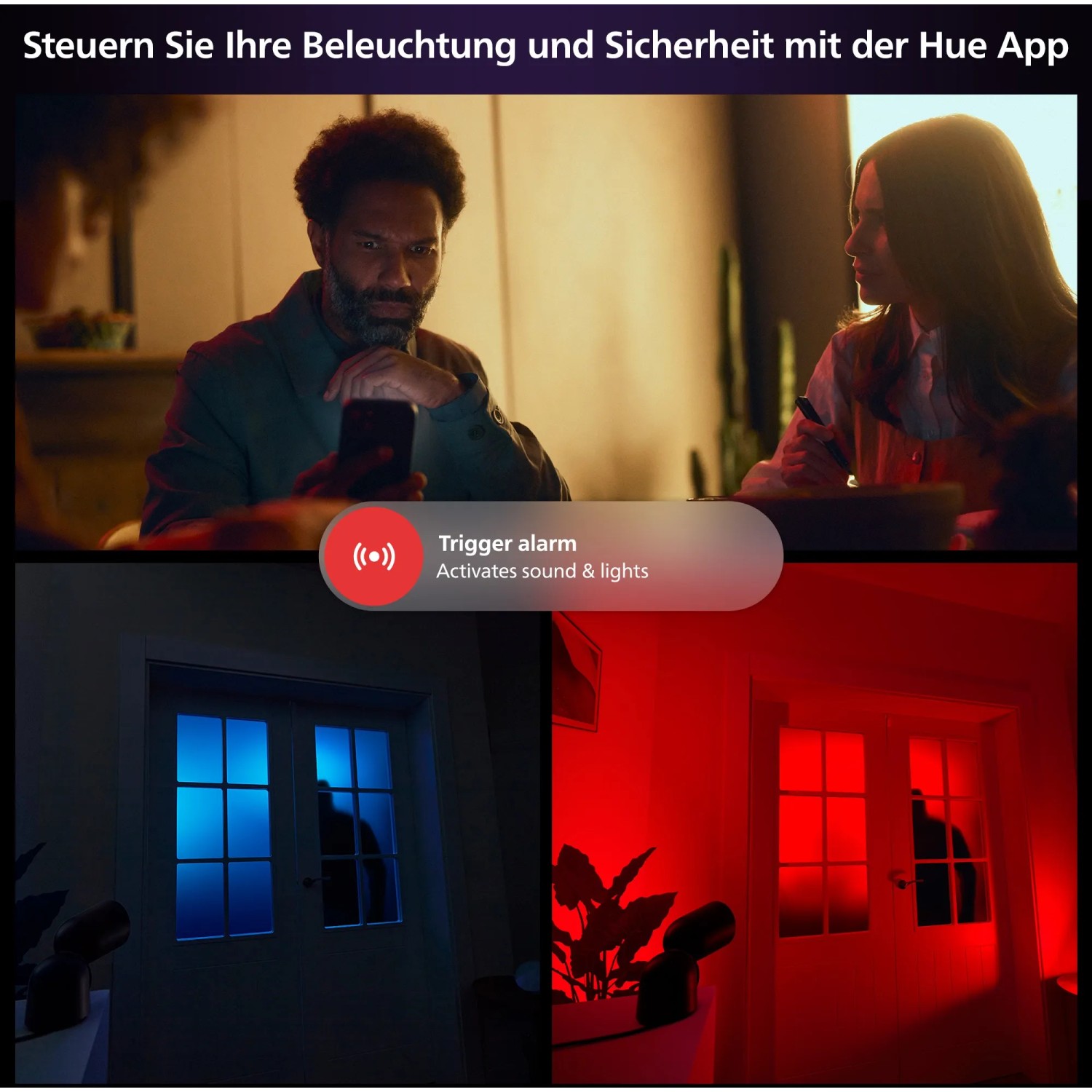 Philips Hue Secure: Überwachung mit App-Steuerung, Alarmauslösung und farbiger Beleuchtung.