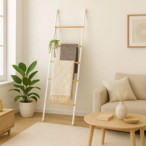 Relaxdays Handtuchleiter Bambus Eisen Weiß 164 cm x 45 cm x 2 cm