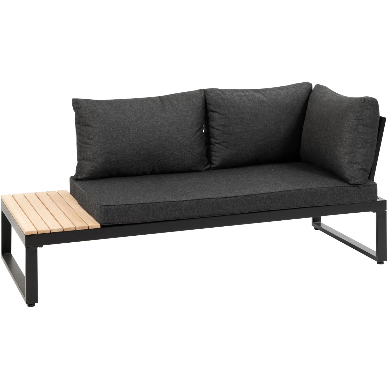 Greemotion Lounge-Set Rio, 3-teilig, Aluminium schwarz mit Holzablage und grauen Kissen.