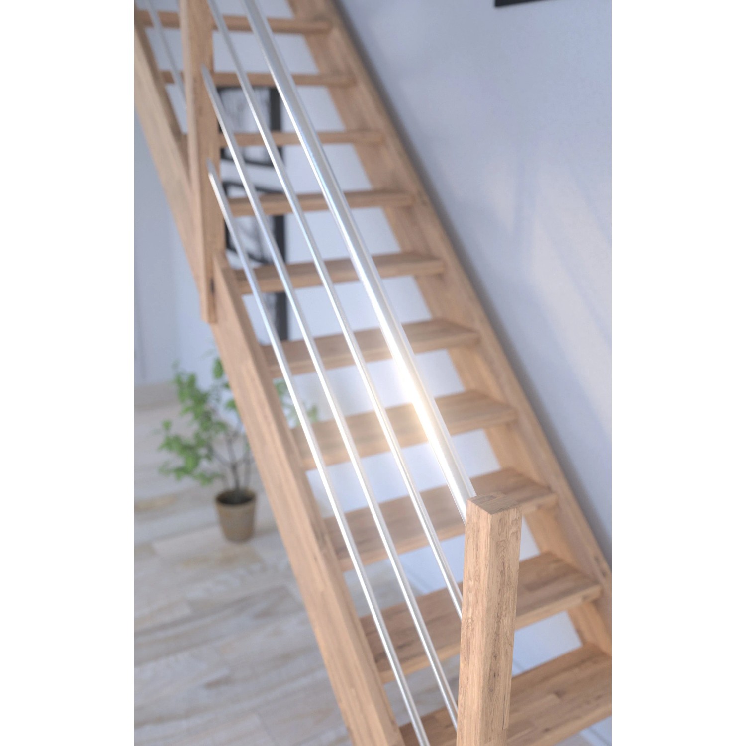 Gerade Treppe Mykonos Pro Eiche mit Edelstahl-Geländer (rechts). Offene Holztreppe, unbehandelt.